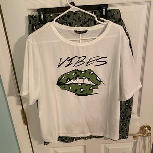 Shein Green Leopard “Vibes” t shirt and skirt